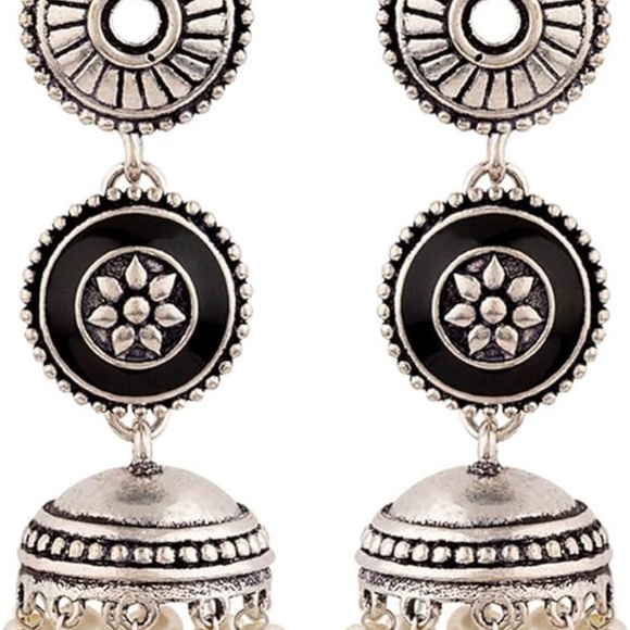 Trendy Jewels Black and Silver Floral Earrings Jhumka - Picture 3 of 7